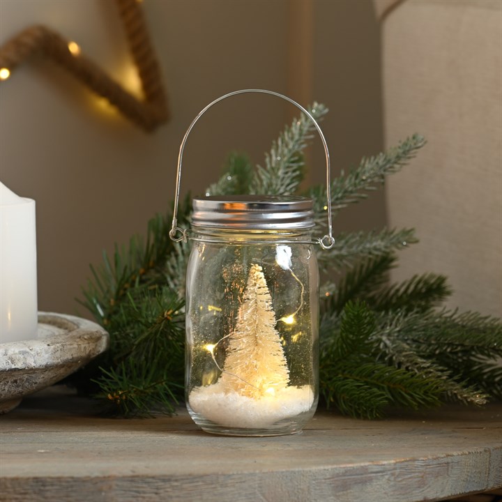 Lit Cream Christmas Tree Mason Jar
