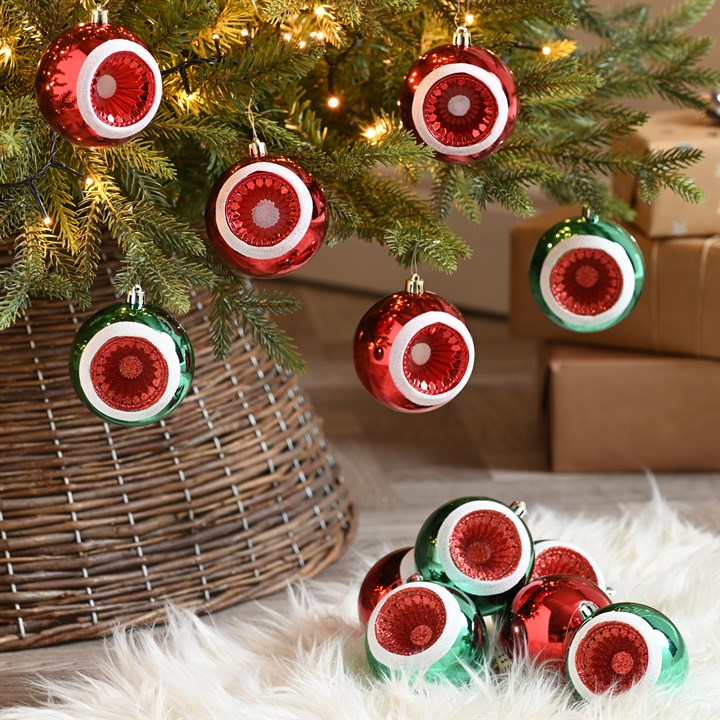 Set of 12 Red & Green Reflector Baubles