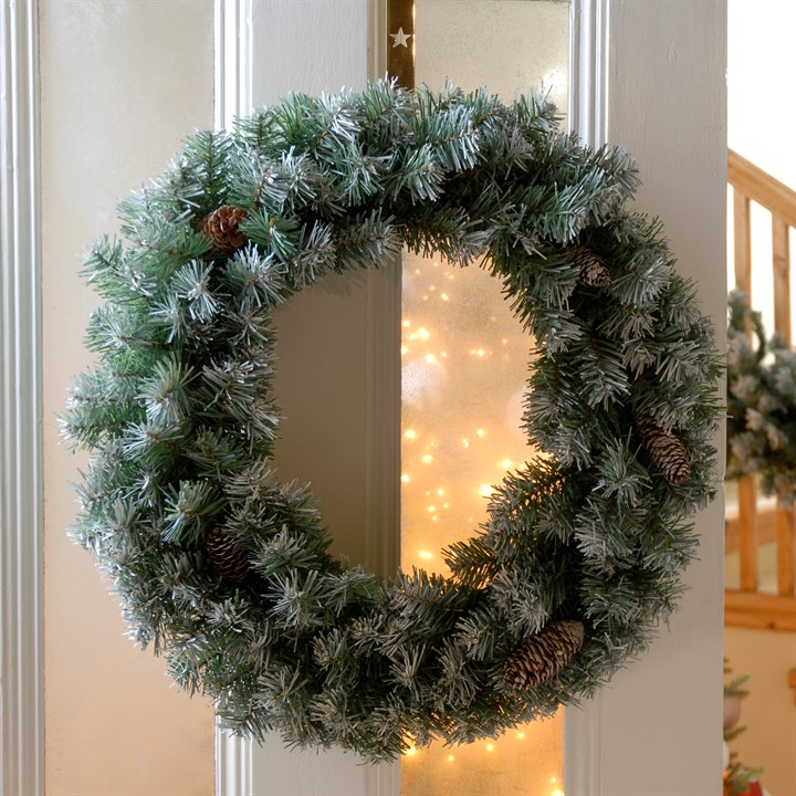 60cm Green Frosted Wreath with Real Pine Cones