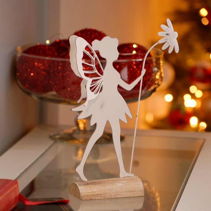 White Metal Flower Fairy Standing Christmas Tabletop Decoration