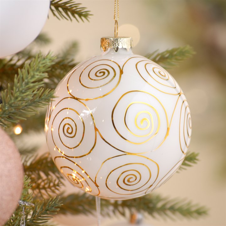 10cm Shiny White with Copper Swirl Glass Christmas Tree Bauble