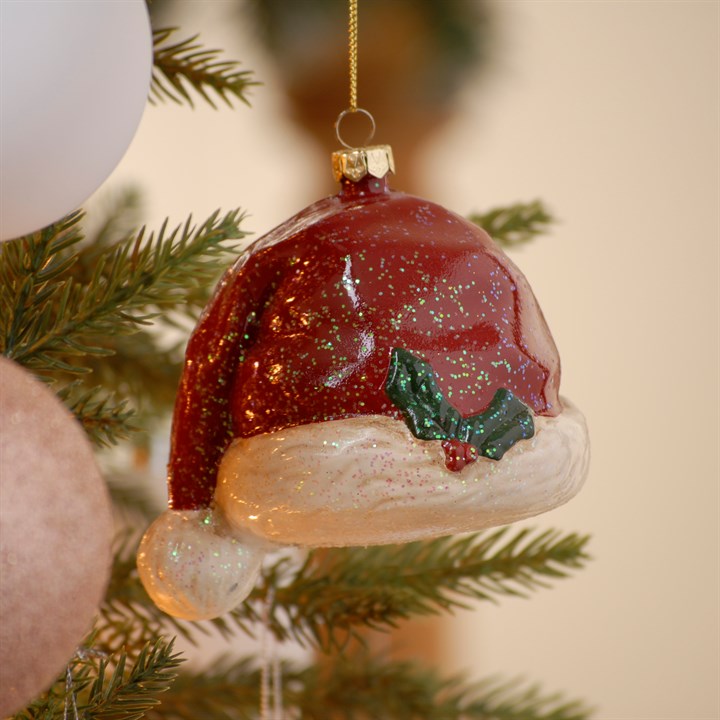 Red and White Frosted Santa Hat Hanging Christmas Tree Decoration