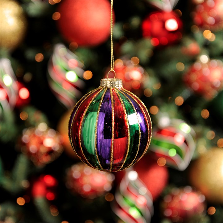 Red, Green and Purple Stripe Ridged Christmas Bauble