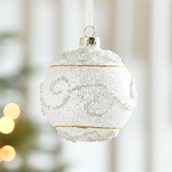 White Beaded with Gold Glass Bauble