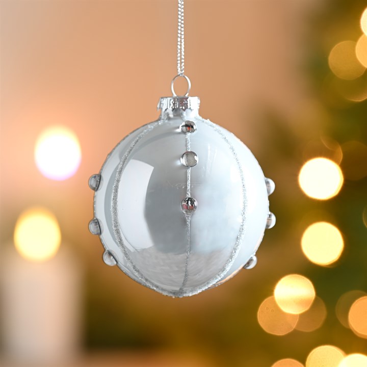 White and Silver Glitter Gem Glass Bauble