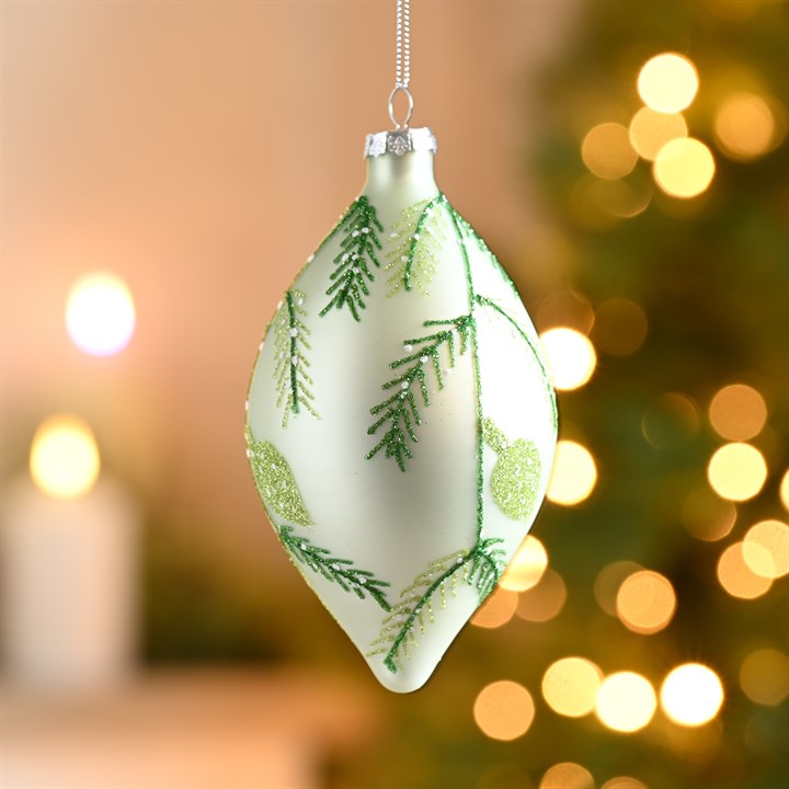 Silver and Green Glitter Leaf Glass Olive Bauble