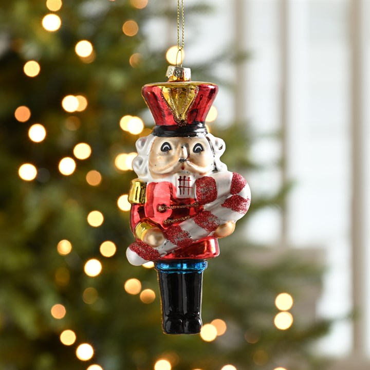 Red Nutcracker with Candy Cane Glass Hanging Decoration