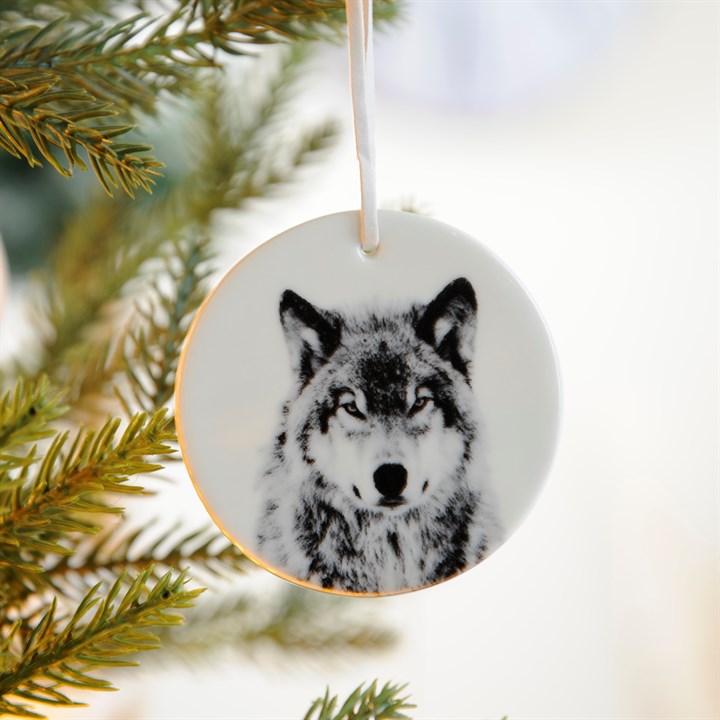 Black & White Ceramic Wolf Hanging Christmas Decoration