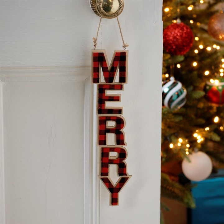 30cm Red Tartan 'Merry' Wood Hanging Christmas Decoration