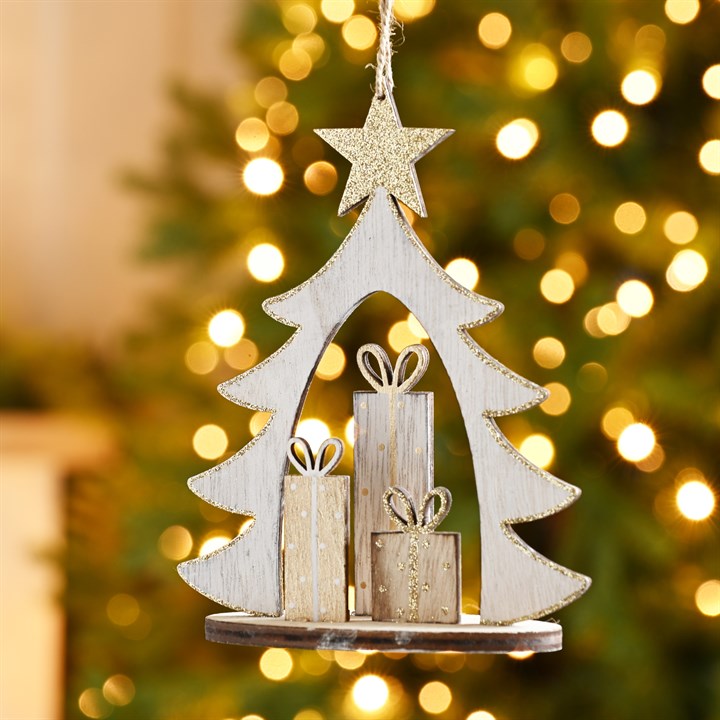 White & Gold Wooden Hanging Tree with Presents Hanging Decoration